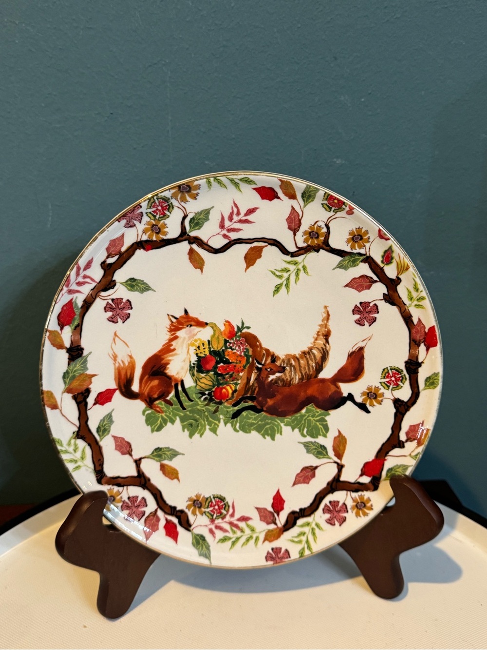 Anthropologie Inslee Fariss Autumn Bounty side plate featuring foxes